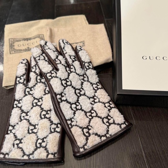 Gucci Accessories - Gucci Brown Leather Embossed Monogram GG Gloves